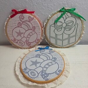 Vintage Christmas Lace Net Darning Decorations Wooden Embroidery Hoops Set of 3